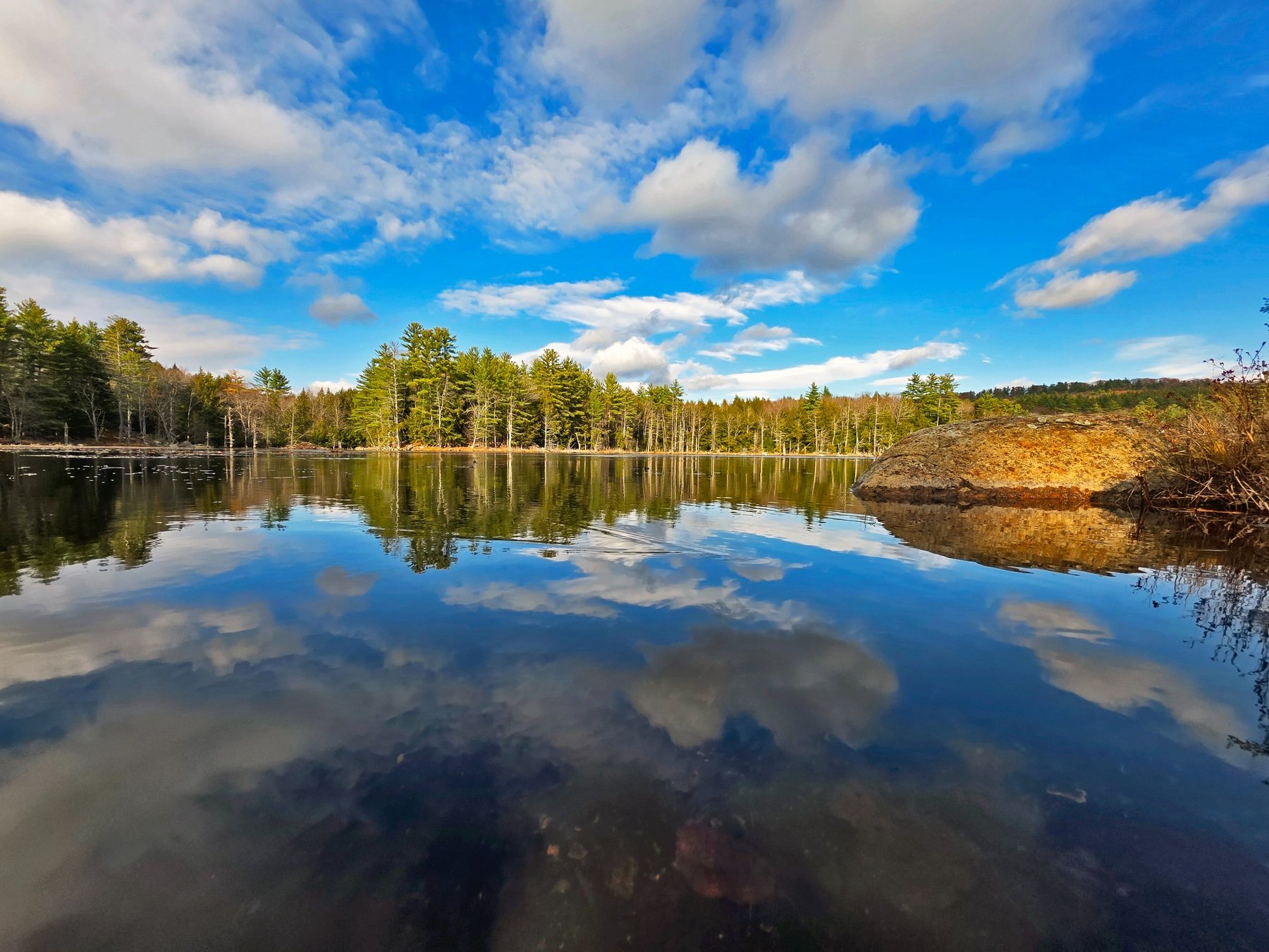 Ground landscape photograph in Deering New Hampshire with clouds reflected on still water