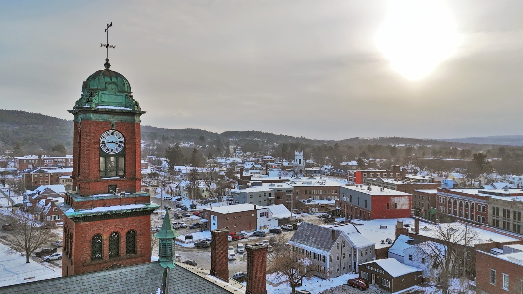 Aerial photograph of Claremont New Hampshire - Clock Tower &mdash; Winter Sun