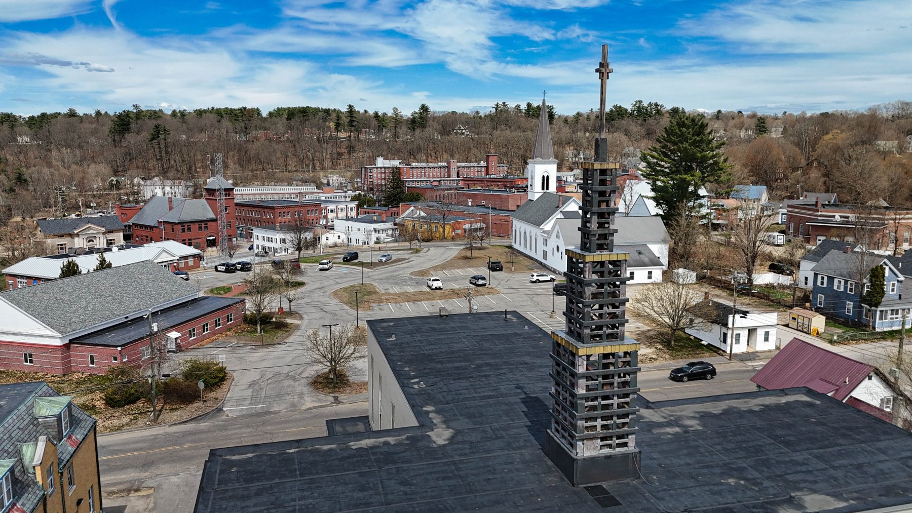 Aerial photograph of Franklin New Hampshire - Steeple and Cross